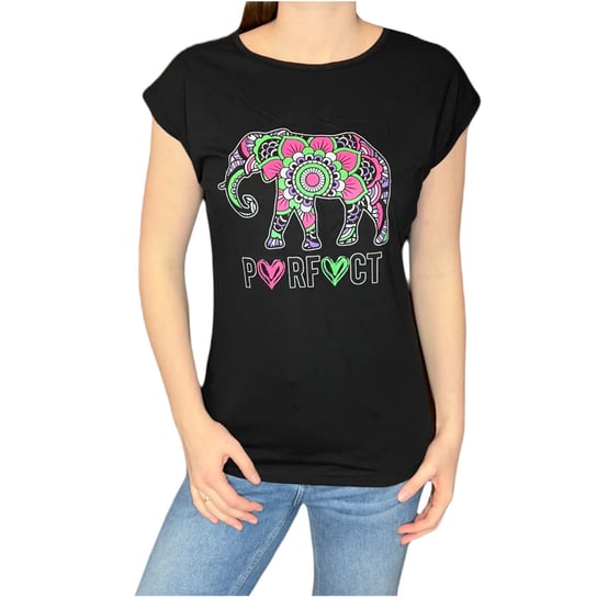 T-shirt damski czarny okrągły dekolt kolorowy słoń L Inna marka