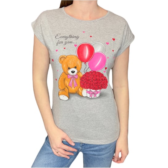 T-shirt damski szary melanż miś z balonami i bukietem róż L ENEMI