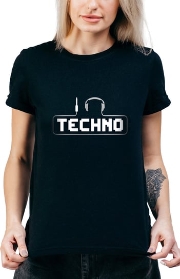 T-SHIRT DAMSKI Z NADRUKIEM TECHNO RAVE KOSZULKA CZARNA PREZENT DJ R-XXL  MODEL  A120 DonWitold