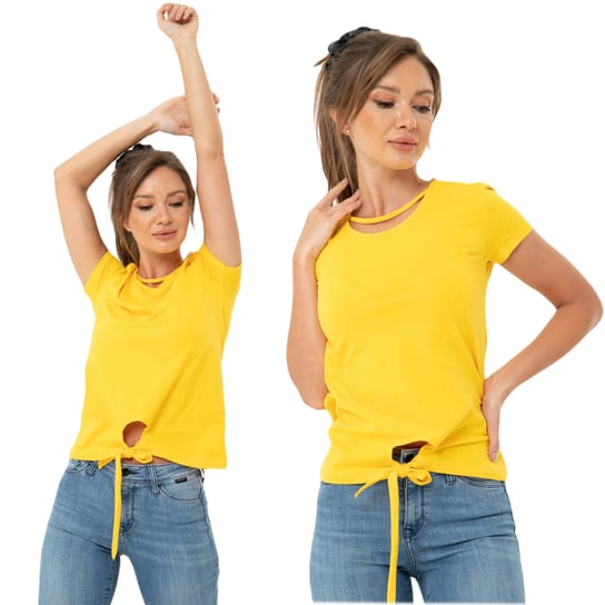 T-shirt Damski Z Ozdobnym Wiązaniem Żółty M Basic