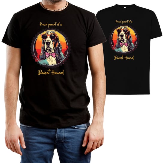 T-SHIRT MĘSKI Z NADRUKIEM BASSET HOUND PIES KOSZULKA CZARNA R-S A150 DonWitold