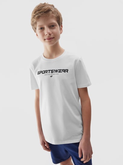 T-shirt z nadrukiem chłopięcy 4F 4FJWSS24TTSHM1114-10S Biały 4F