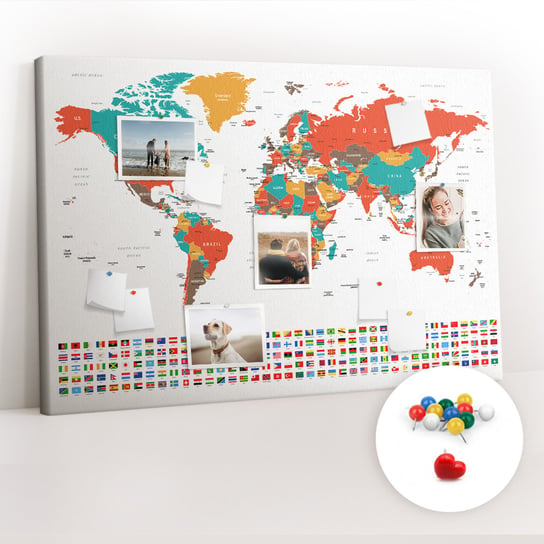 Tablica Korkowa 120x80 cm + Kolorowe Pinezki - Kolorowa mapa świata Coloray