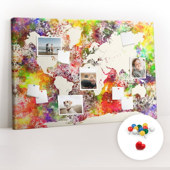 Tablica Korkowa 120x80 cm + Kolorowe Pinezki - Mapa świata akwarelowa Coloray