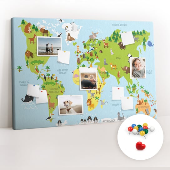 Tablica Korkowa 120x80 cm + Kolorowe Pinezki - Mapa świata ze zwierzętami Coloray
