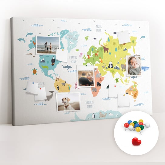 Tablica Korkowa 120x80 cm + Kolorowe Pinezki - Mapa świata zwierząt Coloray