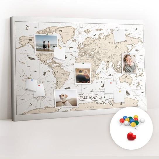 Tablica Korkowa 120x80 cm + Kolorowe Pinezki - Vintage mapa świata Coloray