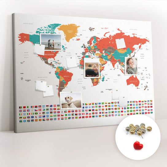 Tablica Korkowa XXL - 100x140 cm - Kolorowa mapa świata + Metaliczne Pinezki Coloray