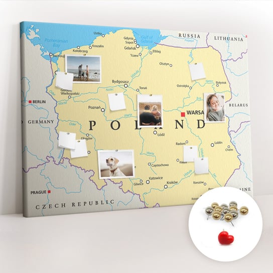 Tablica Korkowa XXL - 100x140 cm - Polityczna mapa Polski + Metaliczne Pinezki Coloray