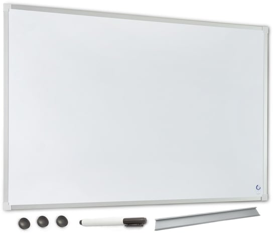 Tablica magnetyczna suchościeralna biała 90x60 cm Szkolna Biurowa Edukacyjna w ramie aluminiowej w zestawie z półką, 3 magnesami i pisakiem w kolorze czarnym - lekka i cienka 2X3