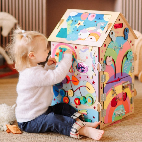 Tablica manipulacjna sensoryczna Montessori "Busy board Busy House Princess". 6 TABLIC W 1. Ręcznie robione.  Prezent dla 1 2 3 latka dziewczynka BiziToys
