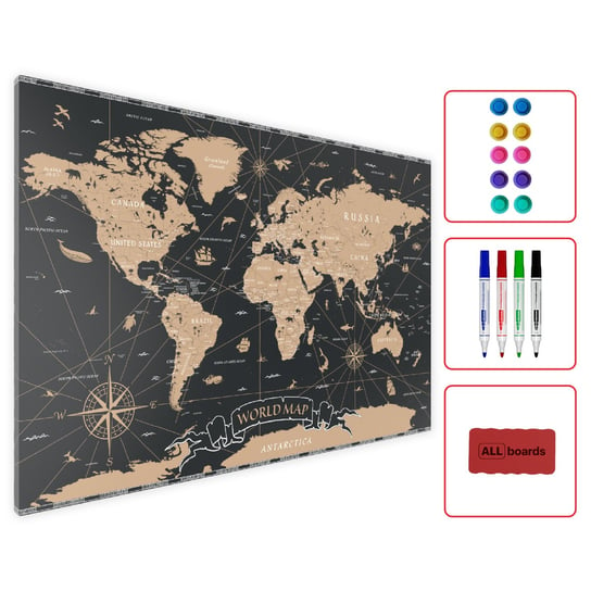 Tablica na magnesy METALboards, czarna mapa świata 60x40 cm + zestaw akcesoriów Allboards