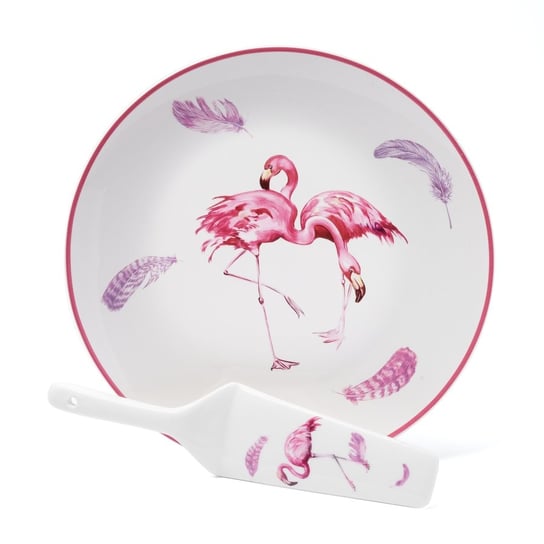 Talerz do ciasta ze szpatułką TADAR Flamingo, biało-różowy, 27 cm Tadar