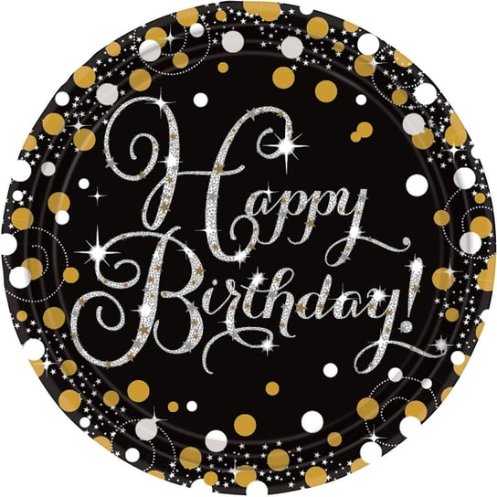 Talerze papierowe, Happy Birthday, czarno-złote, 23 cm, 8 sztuk Amscan