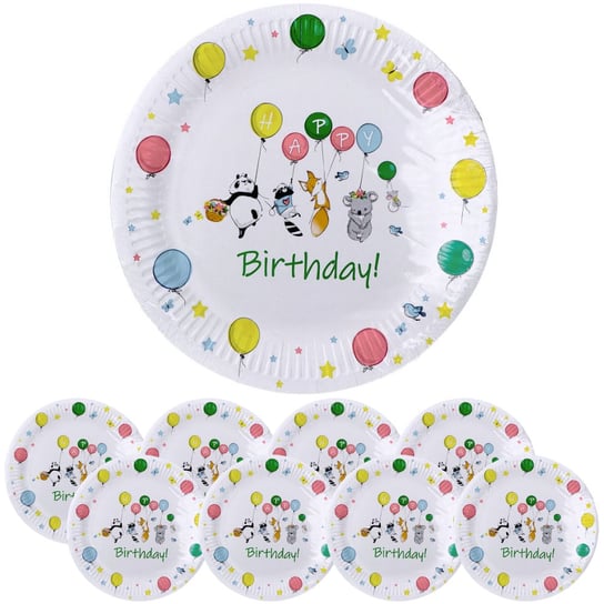 Talerze Talerzyki papierowe urodzinowe okrągłe Zwierzątka Balony 23cm 8szt ABC