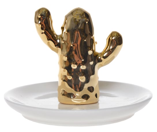 Talerzyk porcelanowy na biżuterię ze złotym kaktusem, EWAX, 11x11x7,5 cm Ewax