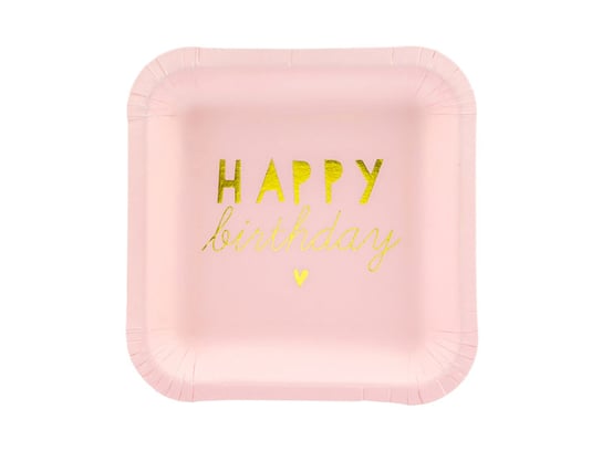 Talerzyki Happy Birthday, jasny różowy, 14x14 cm, 6 sztuk PartyDeco
