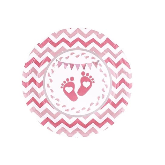 Talerzyki papierowe Baby shower różowe stópki 18 cm - 6 sztuk PartyPal