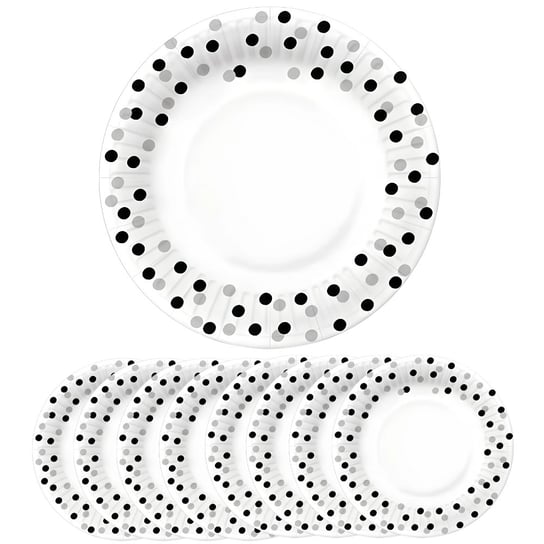 Talerzyki papierowe białe srebrno-czarne konfetti 23cm 8szt ABC