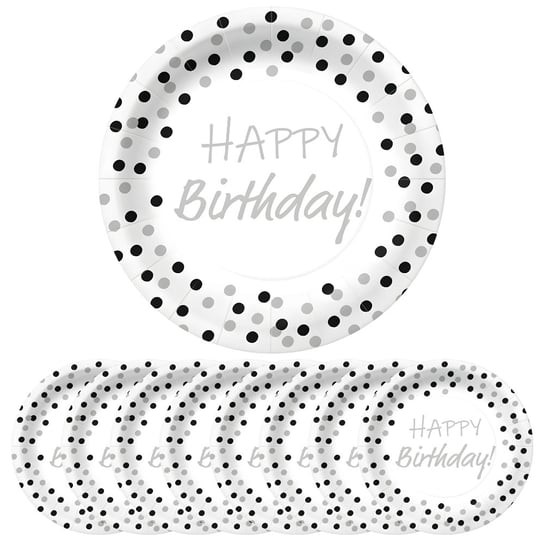 Talerzyki papierowe urodzinowe srebrno-czarne 23cm 8szt ABC