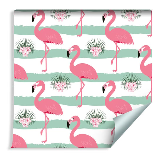 Tapeta Dla Dzieci Różowe Flamingi Rośliny Paski Muralo