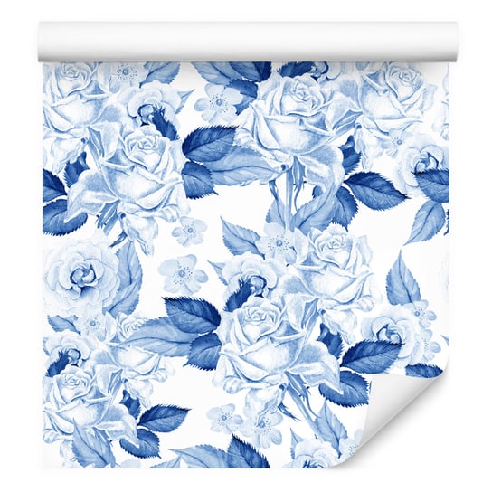 Tapeta Flizelinowa Niebieskie RÓŻE Kwiaty Liście 0,53m x 10m Muralo