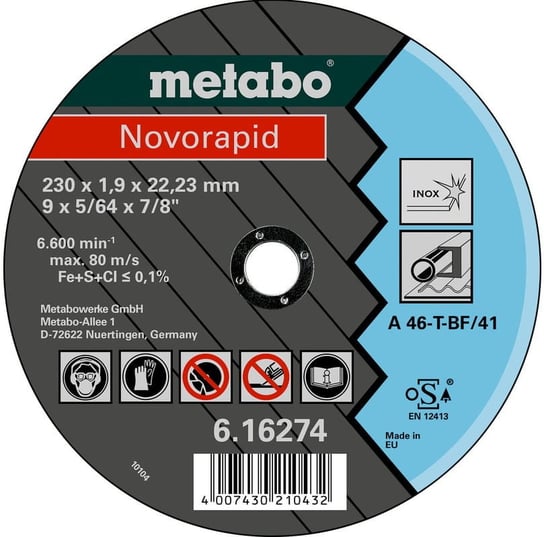 Tarcza do cięcia metalu 230mm Metabo Novorapid 230x1,9x22,23mm 616274000 Metabo