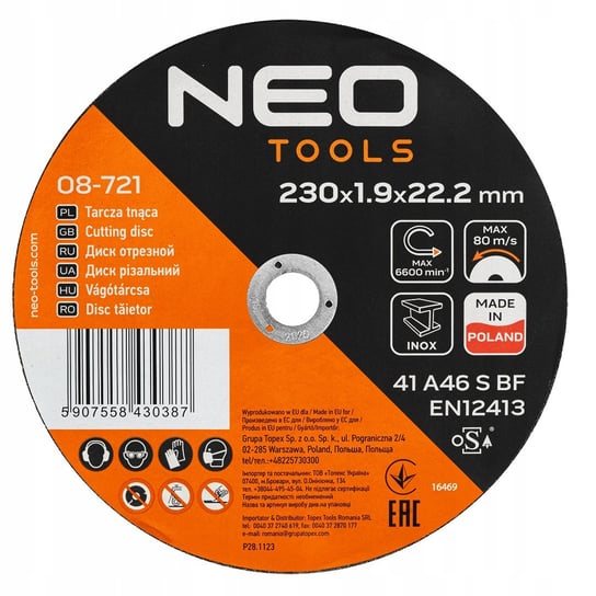 Tarcze tnące do metalu/INOX 230 x 1.9 x 22,2mm, 41 A46-S-BF, 25 sztuk NEO 08-721 Neo Tools