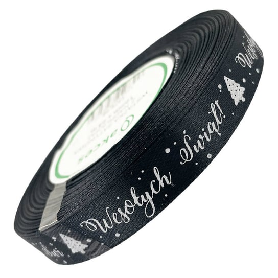TASIEMKA wstążka SATYNOWA czarna Wesołych Świąt 12mm x 23m AKCES