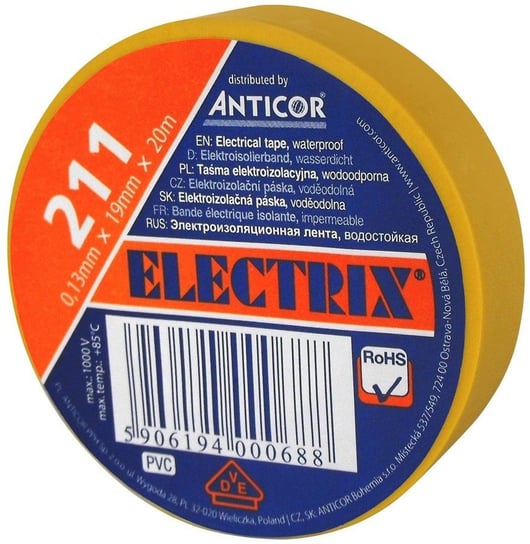 Taśma ELECTRIX 211 19 mm 20 m żółta Anticor