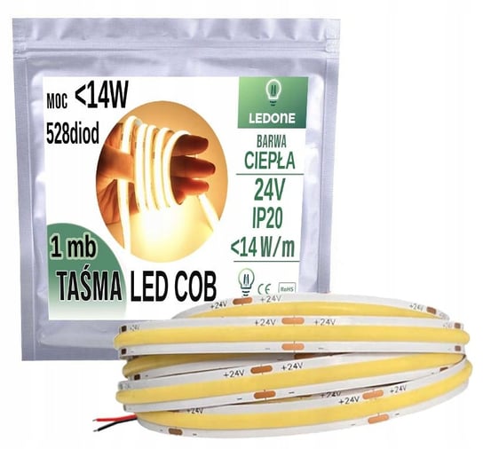 Taśma LED COB MOCNA 24V 528 diod/m 14W na 1m barwa biała CIEPŁA PRO LED-ONE