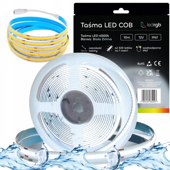 Taśma LED Neon COB 12V 10m 320 diod 6000K BIAŁA ZIMNA WODOODPORNA IP67 10mm ledrgb