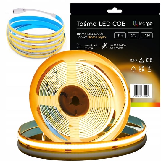 Taśma LED Neon COB 24V 5m 320 diod 3000K BIAŁA CIEPŁA HOMOGENICZNA 8MM ledrgb