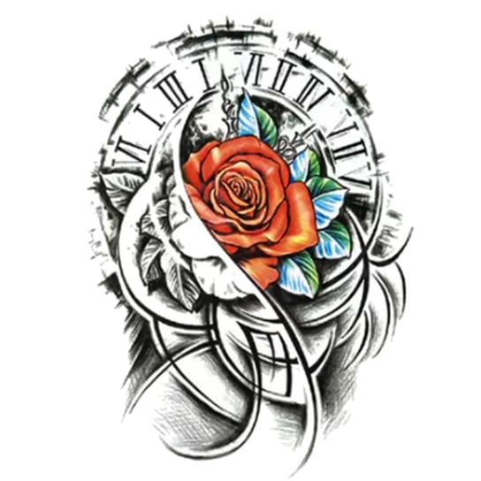 Tattou, Duży tatuaż zmywalny tymczasowy 21cm motyw Róża Zegar Tattou