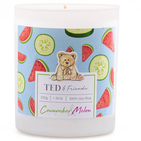 Ted & Friends sojowa świeca zapachowa w białym szkle 220 g - Cucumber & Melon Ted & Friends