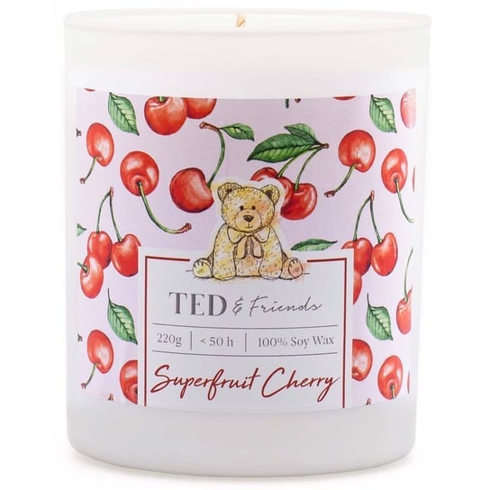 Ted & Friends sojowa świeca zapachowa w białym szkle 220 g - Superfruit Cherry Ted & Friends