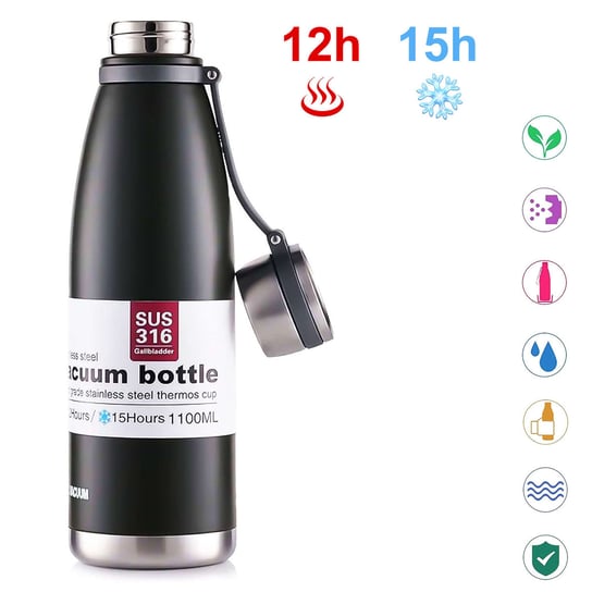 Termos termiczny stalowy pojemny butelka duży 1.1l na napoje bidon THM3 Stainless Steel czarny 4kom.pl