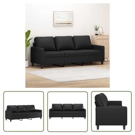 The Living Store 3-osobowa sofa - czarna - 180 cm - obita sztuczną skórą - Sofa The Living Store