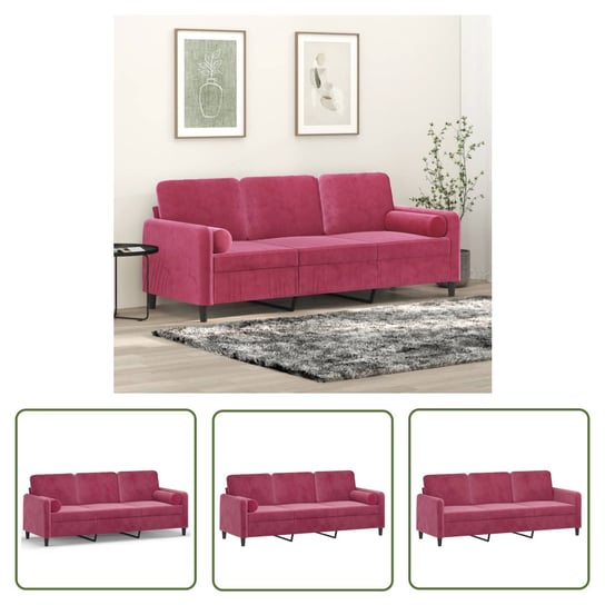 The Living Store 3-osobowa sofa z poduszkami - winna czerwień - 180 cm - aksamit - Sofa 3-osobowa The Living Store