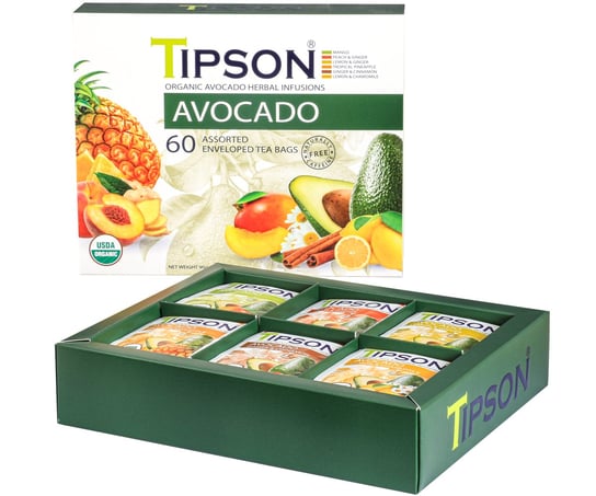 Tipson ORGANIC AVOCADO ASSORTED zestaw herbat ziołowych 6 SMAKÓW saszetki - 60 x 1,5 g Tipson