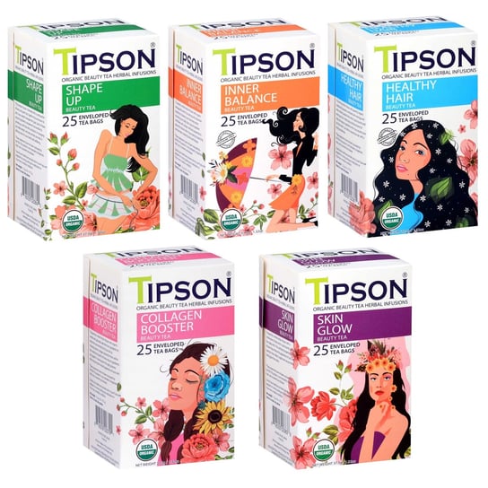 Tipson Organic Beauty herbata w saszetkach, zestaw herbat ziołowych - 5 smaków Tipson
