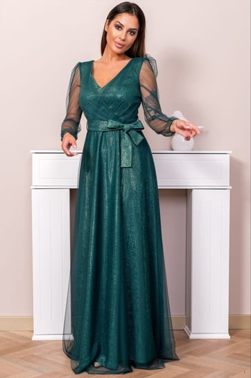Tiulowa Sukienka z Kopertowym Dekoltem Maxi z rękawem Butelkowa zieleń 46 Nelino