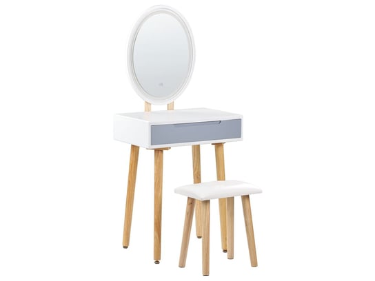 Toaletka 1 szuflada lustro LED ze stołkiem biało-szara VESOUL Beliani