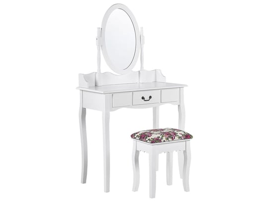 Toaletka 1 szuflada owalne lustro i stołek biała SOLEIL Beliani