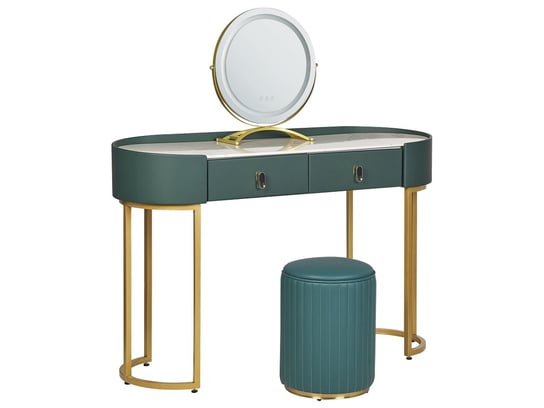 Toaletka 2 szuflady lustro LED z pufem zielono-złota VINAX Beliani