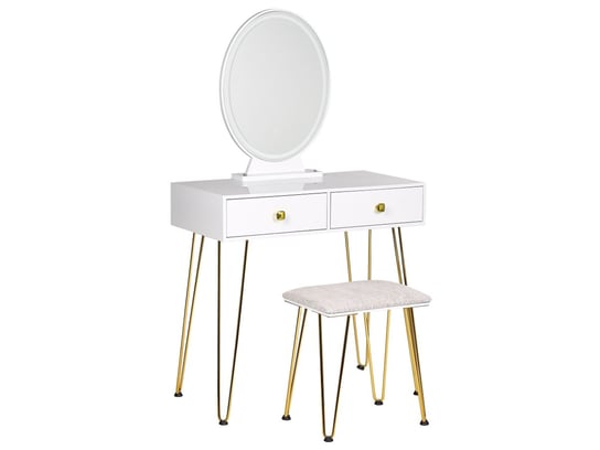 Toaletka 2 szuflady lustro LED ze stołkiem biało-złota CAEN Beliani
