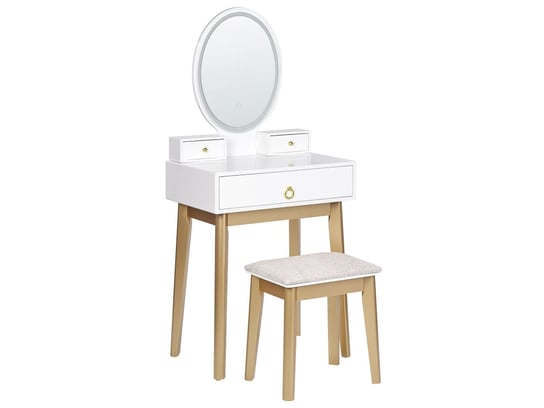 Toaletka 3 szuflady lustro LED ze stołkiem biało-złota ROSEY Beliani