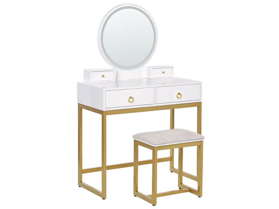 Toaletka 4 szuflady lustro LED ze stołkiem biało-złota AUXON Beliani