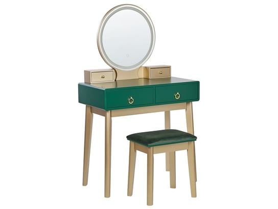 Toaletka 4 szuflady lustro LED ze stołkiem zielono-złota FEDRY Beliani