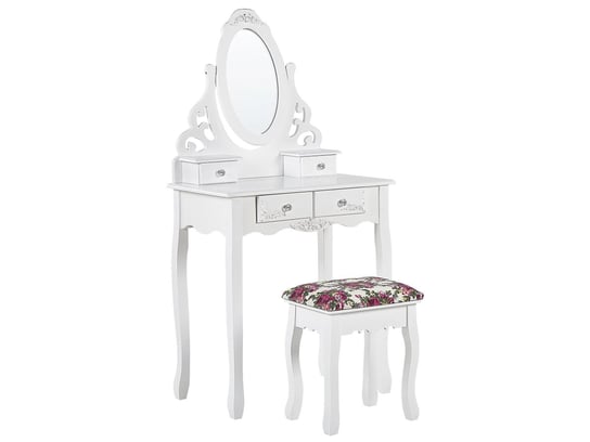 Toaletka 4 szuflady owalne lustro i stołek biała AMOUR Beliani